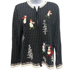Charter Club Womens Black Snowman Holiday Full Zip Cardigan Sweater Large L